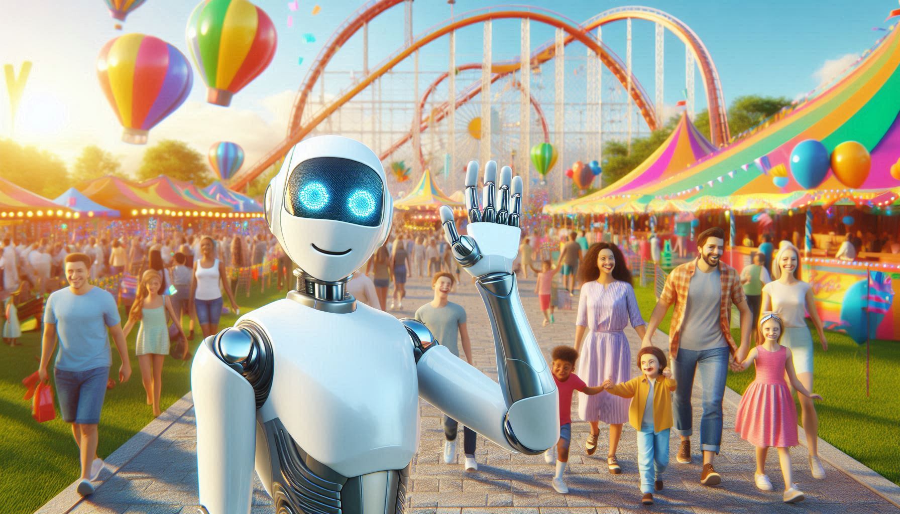 Friendly humanoid robot at a colorful amusement park with families
